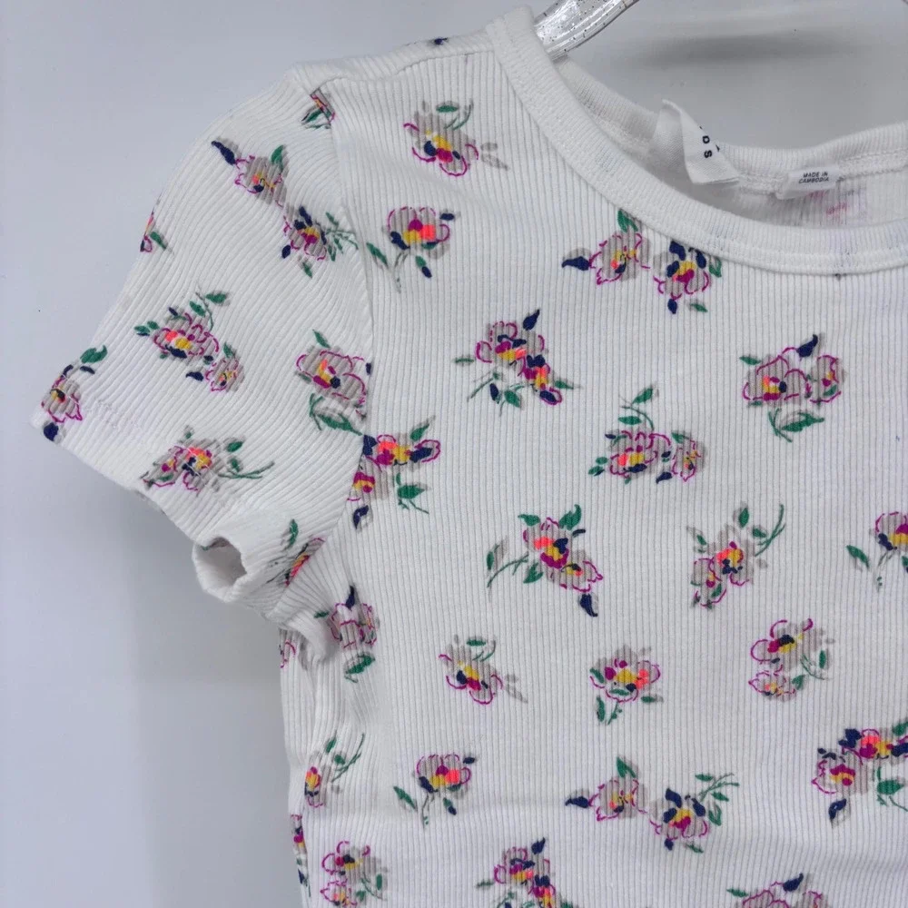 GAP Kids Floral Print Ribbed T-Shirt Girls Crew Neck Short‎ Sleeve Top